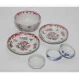 Chinese Famille Rose rice bowl (11cm diameter), 2 similar saucer dishes etc.   Condition - rice bowl