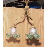 3 branch gilt metal hanging electric light pendant with green glass shades