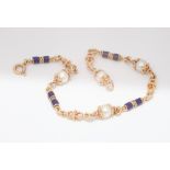 Pretty 18ct gold blue enamel and cultured pearl link bracelet.  Gross weight 7.