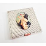 Hallmarked silver square cigarette case with applied over enamel panel of an erotic rose lady