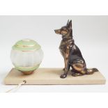 Small French table lamp with Alsatian dog on a marble plinth 30cm wide
