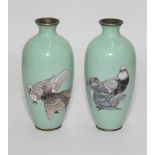 Pair of Chinese cloisonne vases, pearl green ground each decorated with pair of birds 19cm high