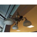 Heavy brass 3 branch electric light fitting with white glass shades