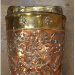 Brass and copper embossed stick stand/umbrella stand and 2 warming pans