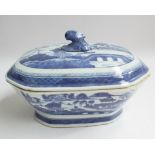 Chinese blue and white octagonal shaped tureen decorated with pergoda scenes,