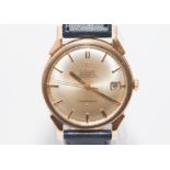 Gents vintage 18 ct gold Omega Constellation wristwatch, automatic with date aperture, on blue