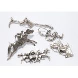 Group of five sterling silver horse themed brooches and stock pins