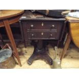 William IV mahogany drop leaf Pembroke style work table with fitted 2 drawers on pillar and