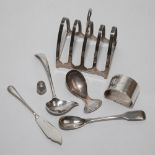 Small collection of silver items including a toast rack, caddy spoon, Victorian mustard spoon etc.