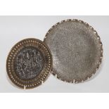 Persian white coloured metal circular tray with all over Arabesque leaf decoration and crimped edge