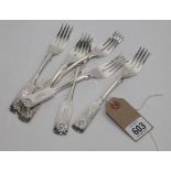 Set of 6 1960s silver fish forks, shell patterned handles engraved with initials 1963.