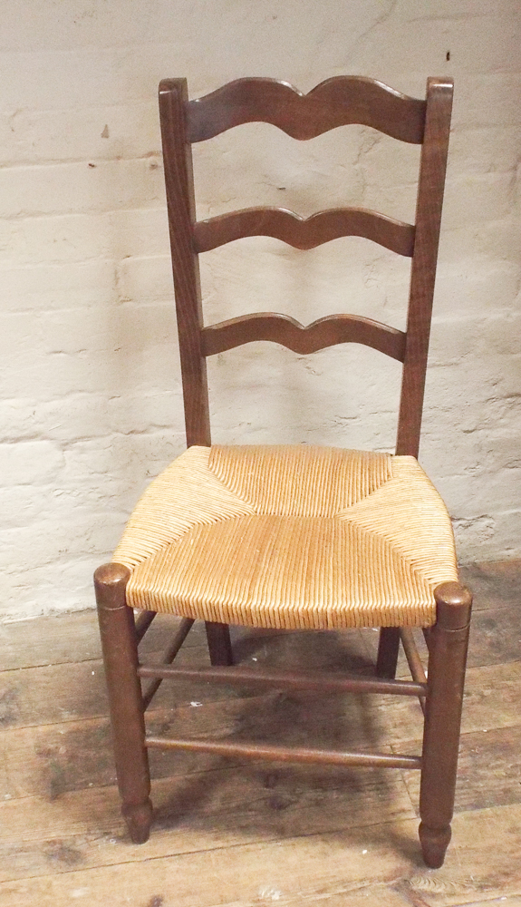 Set of 8 French ladder back dining chairs with rush seats