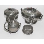 Collection of Chinese pewter including a double handled tureen (26cm wide) with vine decoration to