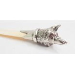 19th century continental white coloured metal and ivory paper knife with fox head handle inset pink