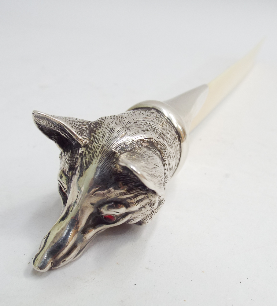 19th century continental white coloured metal and ivory paper knife with fox head handle inset pink - Image 3 of 3