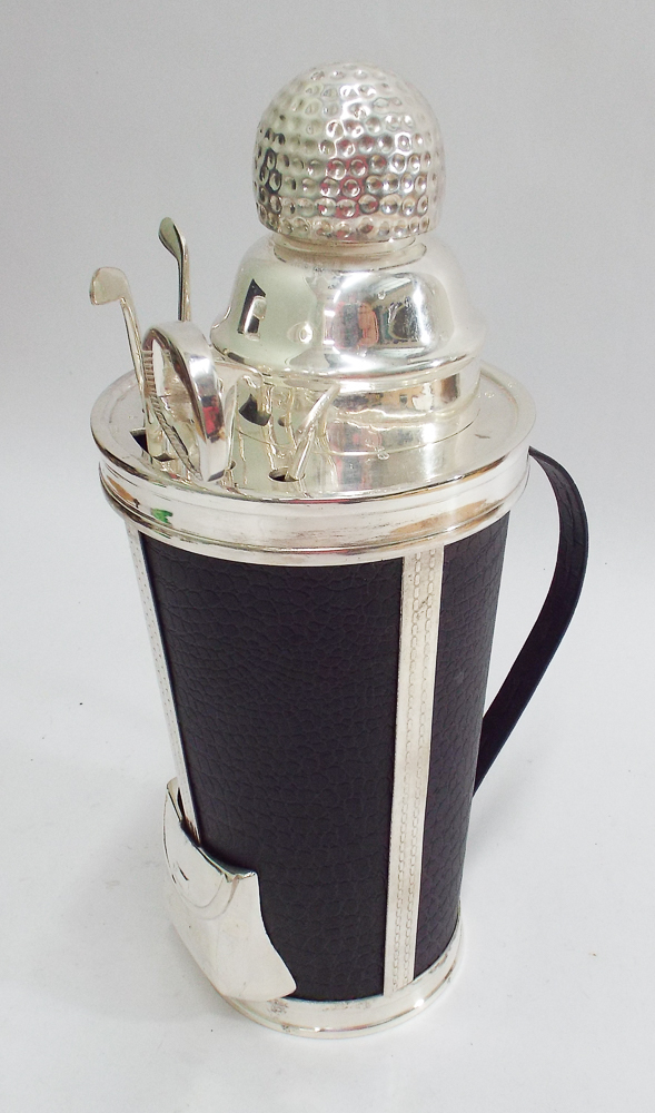 Novelty drinks container in the form of a golf caddy with silver plated cocktail shaker,