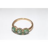 9ct yellow gold triple emerald and diamond cluster ring size appx M