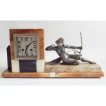 French striking mantel clock in coloured marble case with metal lady archer figure