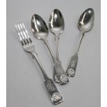 Thre 1960's silver dessert spoons, shell patterned handles engraved with initials.