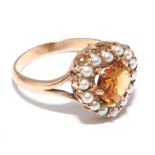 9ct gold heart shaped cultured pearl and citrine cluster ring, shank hallmarked 9ct. Ring size