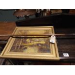 Old Scottish made one iron with hickory shaft and a gilt framed oil painting