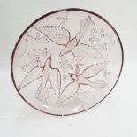 20th century French molded, amethyst glass, circular, shallow bowl; decorated with birds and bees.
