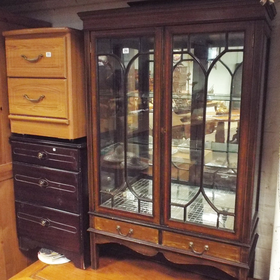 3' Edwardian inlaid mahogany china display cabinet with 2 drawers under