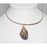 9ct gold and amethyst pendant in a naturalistic seaweed style setting on a rope twist 9ct yellow