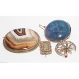 A group of 4 19th century and later brooches to include oval banded agate,