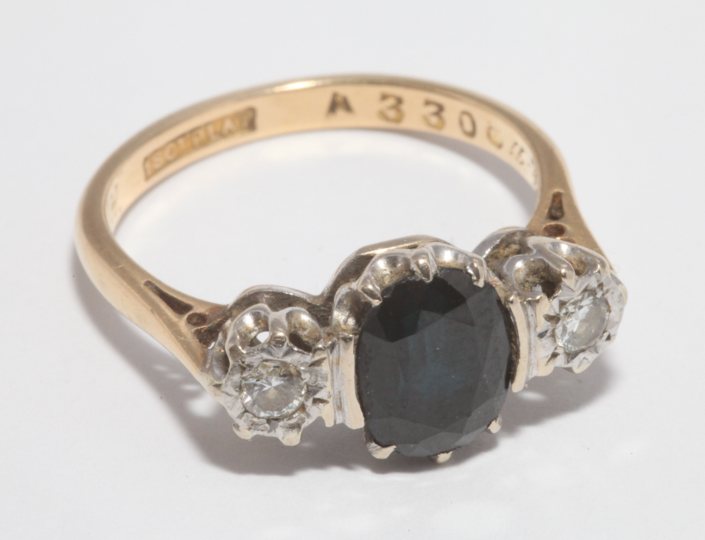 three stone sapphire and diamond ring,