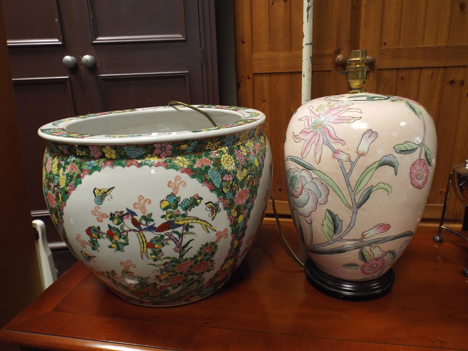 Oriental porcelain fish bowl (36 cm diameter) and an oriental porcelain electric table lamp with