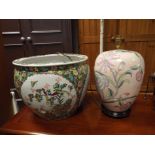 Oriental porcelain fish bowl (36 cm diameter) and an oriental porcelain electric table lamp with