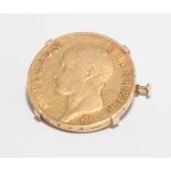 Gold Napoleon 40 franc coin, mounted in circular frame as a brooch,