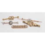 Diamond and pearl cluster bar brooch, aquamarine set bar brooch and 3 others. weight 15g.