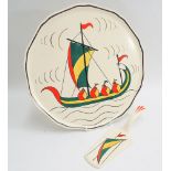 1930's Longwy French cake plate and slice; hand painted decoration of a Viking ship - 34.