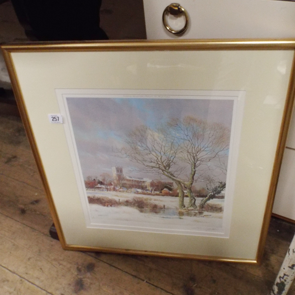 Limited edition coloured print of a snowy country church scene by M Barnfather