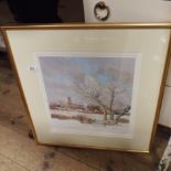 Limited edition coloured print of a snowy country church scene by M Barnfather