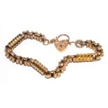 Victorian 9ct gold fancy link bracelet, with heart shaped padlock fastening and safety chain.