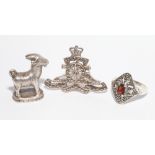 Small silver seal decorated with a cast silver ram and marcasite artillery cap badge and a
