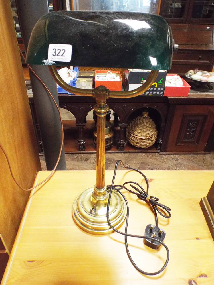 Brass bankers type table lamp with green glass shade