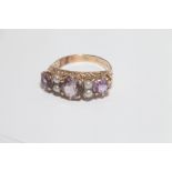Late Victorian 9ct gold ring set with three amethysts and four pearls, marks worn,