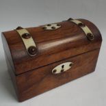 Victorian walnut domed top two division tea caddy, with ivory and brass bindings, 8" x 4.