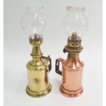 2 small brass and copper wall fixing oil lamps