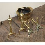 2 pairs of Victorian brass fire dogs and a brass coal bucket