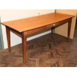 Pine farmhouse kitchen table fitted drawer on square tapered legs (Approx 2 m x 80 cm)