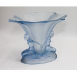 Art deco frosted and moulded blue glass vase with figure support 20cm high x 28 cm wide