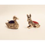 Miniature duck pin cushion and miniature rabbit pin cushions both stamped 925