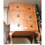 Small walnut bow front chest of 3 drawers on cabriole legs