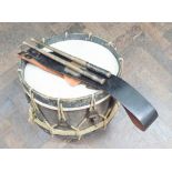 19th century military drum with leather shoulder belt and sticks