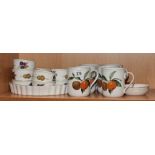 6 Worcester fruit decorated coffee mugs, ramekins, flan dish etc.